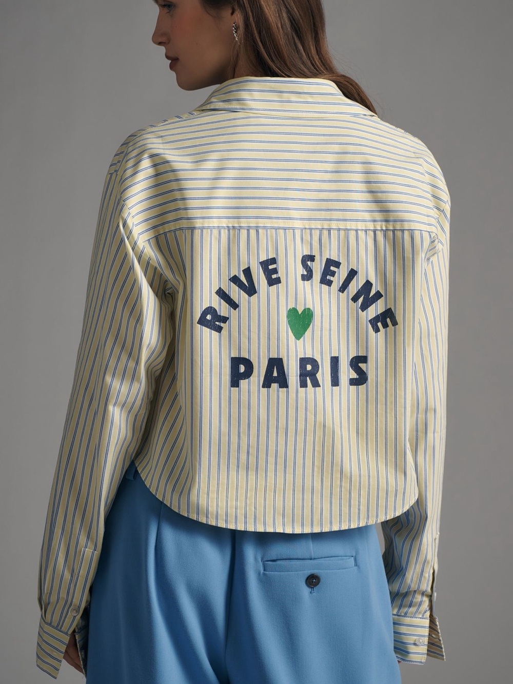Maeve Shirt Cropped Long Sleeve Yellow Blue Striped Paris Graphic SIZE XS EUC